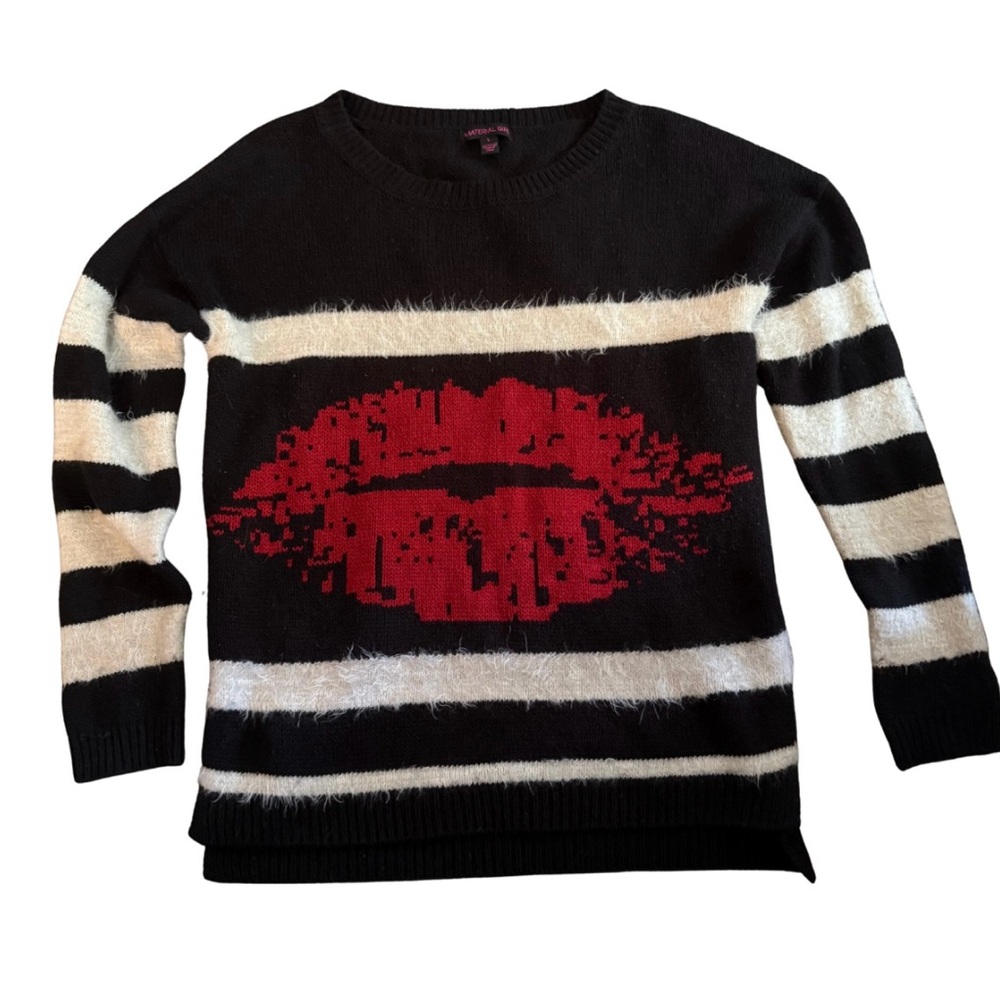 Fuzzy Warm Punk Goth Black and White Striped‎ Sweater with Red Lips Sz L